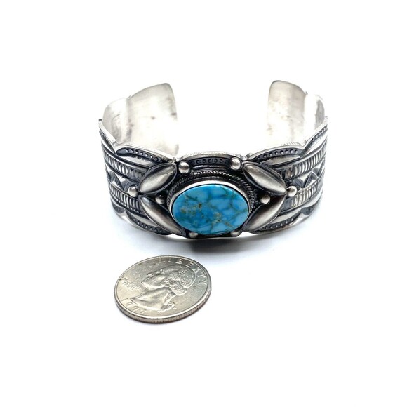 navajo handmade sterling silver kingman turquoise cuff bracelet - Picture 4 of 7